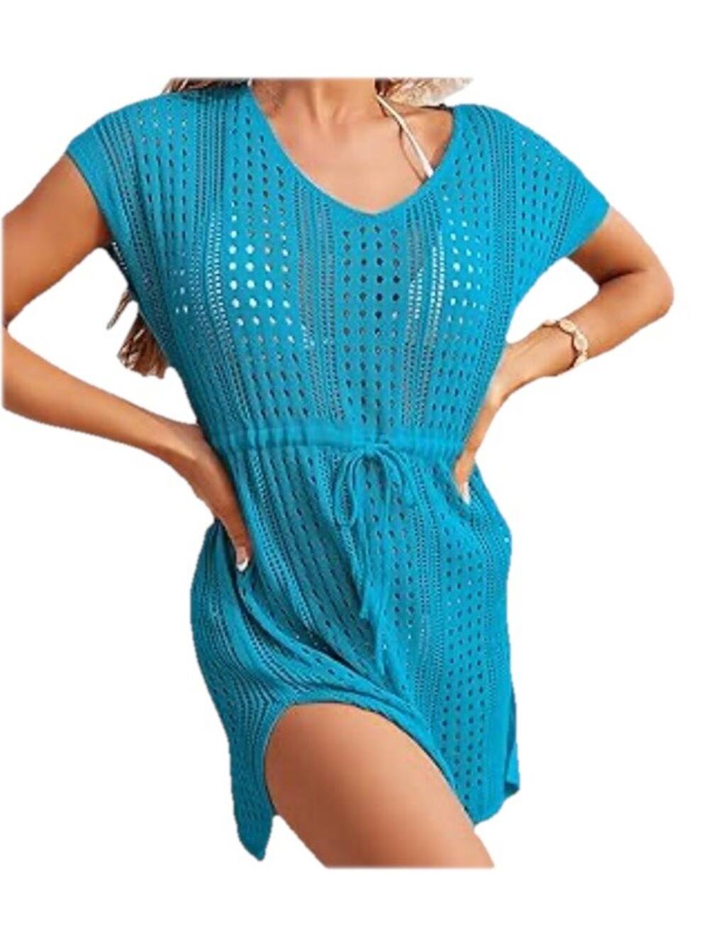 Merokeety Crochet Swim Suit Beach Cover Up Womens XL Teal Adjustable Drawstring